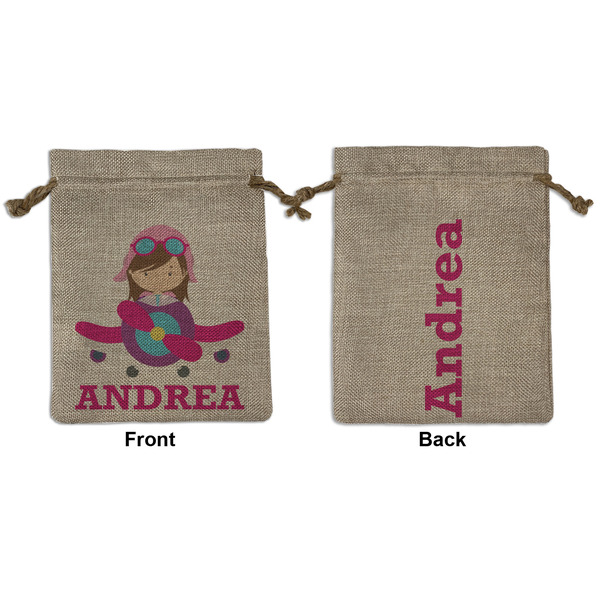 Custom Airplane Theme - for Girls Medium Burlap Gift Bag - Front & Back (Personalized)