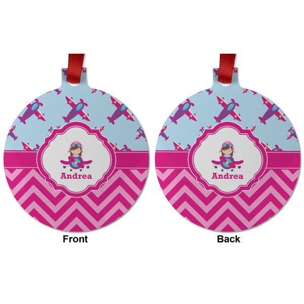 Airplane Theme - for Girls Metal Ball Ornament - Front and Back
