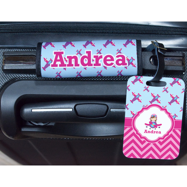 Airplane Theme - for Girls Metal Luggage Tag & Handle Wrap - In Context