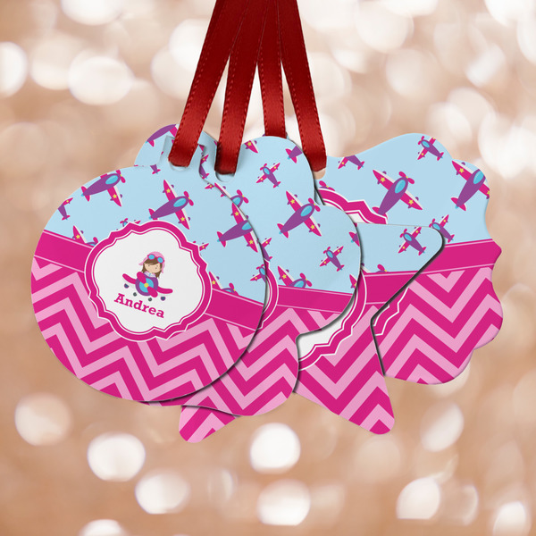 Custom Airplane Theme - for Girls Metal Ornaments - Double Sided w/ Name or Text