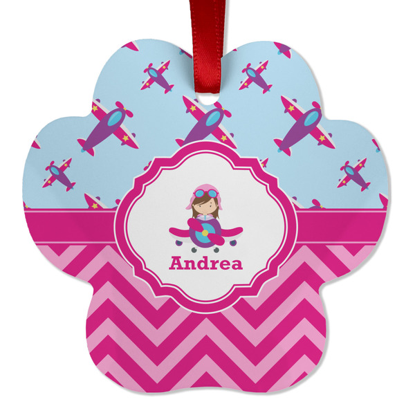 Custom Airplane Theme - for Girls Metal Paw Ornament - Double Sided w/ Name or Text