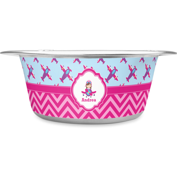 Custom Airplane Theme - for Girls Stainless Steel Dog Bowl - Medium (Personalized)