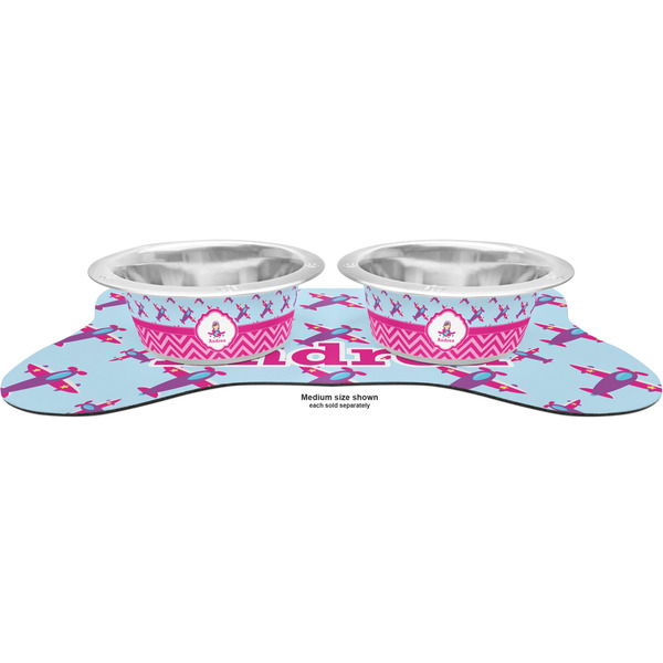 Airplane Theme - for Girls Metal Pet Bowls - On Dog Bone Shaped Mat