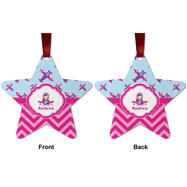 Airplane Theme - for Girls Metal Star Ornament - Front and Back