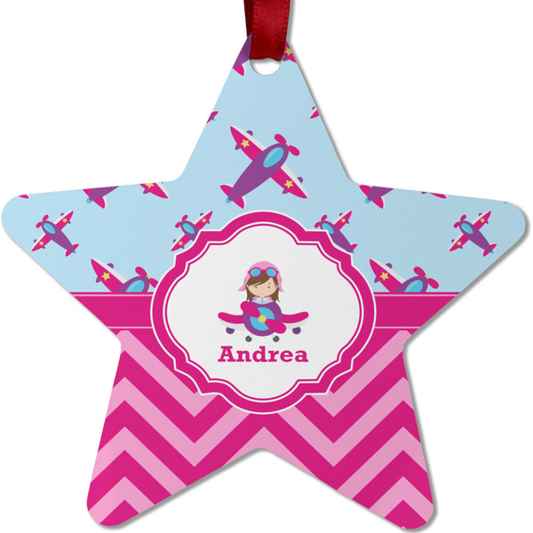 Custom Airplane Theme - for Girls Metal Star Ornament - Double Sided w/ Name or Text
