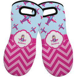 Airplane Theme - for Girls Neoprene Oven Mitts - Set of 2 w/ Name or Text