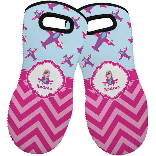 Custom Airplane Theme - for Girls Neoprene Oven Mitts - Set of 2 w/ Name or Text