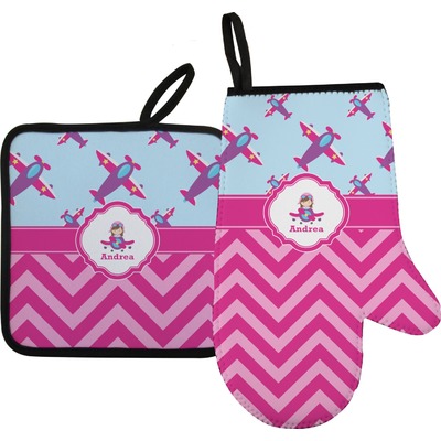 Airplane Theme - for Girls Oven Mitt & Pot Holder Set w/ Name or Text