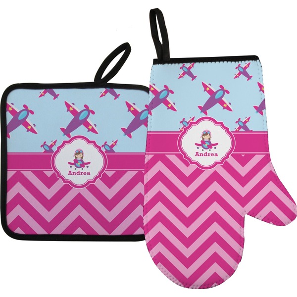Custom Airplane Theme - for Girls Oven Mitt & Pot Holder Set w/ Name or Text