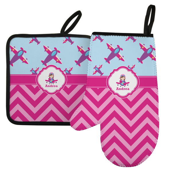 Custom Airplane Theme - for Girls Left Oven Mitt & Pot Holder Set w/ Name or Text