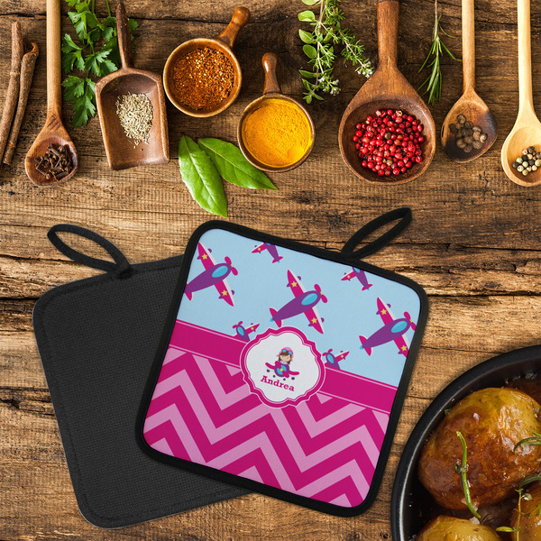 Airplane Theme - for Girls Neoprene Pot Holder - Set of 2  LIFESTYLE (Flatlay)