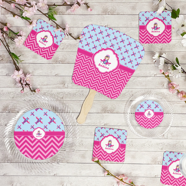 Airplane Theme - for Girls Party Supplies Combination Image - All items - Plates, Coasters, Fans