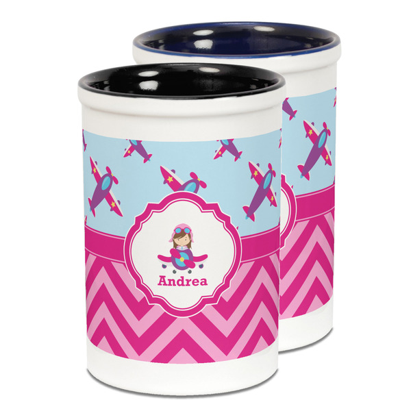 Custom Airplane Theme - for Girls Ceramic Pencil Holder - Large