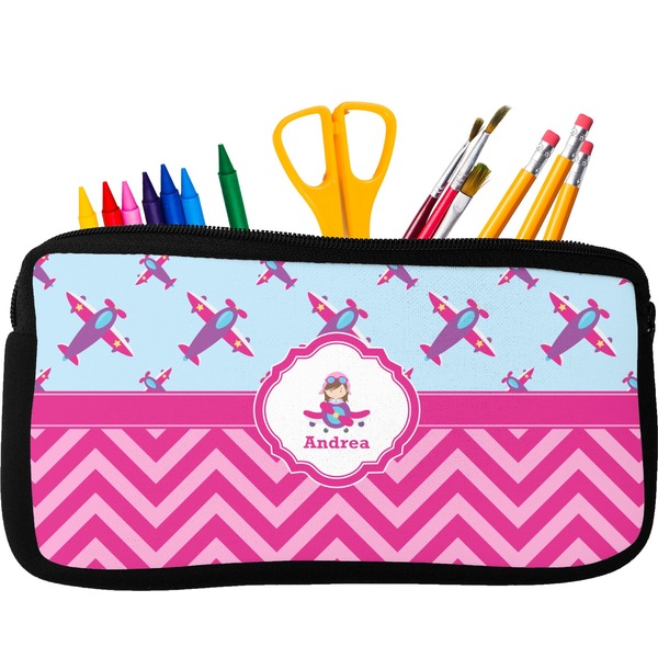 Custom Airplane Theme - for Girls Neoprene Pencil Case - Small w/ Name or Text