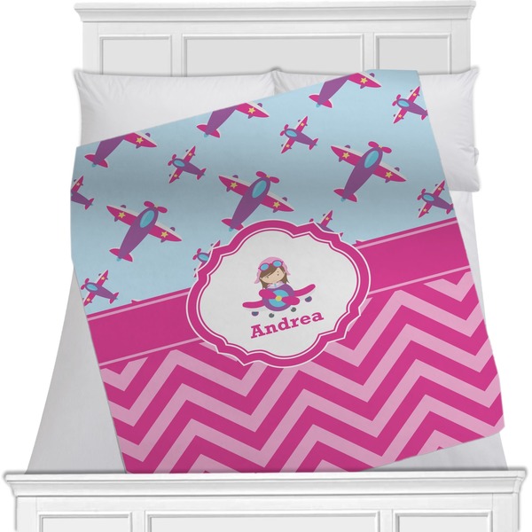 Custom Airplane Theme - for Girls Minky Blanket - Twin / Full - 80"x60" - Double Sided (Personalized)