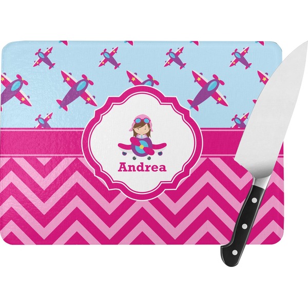 Custom Airplane Theme - for Girls Rectangular Glass Cutting Board - Large - 15.25"x11.25" w/ Name or Text