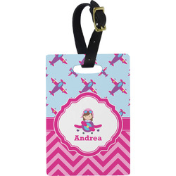 Airplane Theme - for Girls Plastic Luggage Tag - Rectangular w/ Name or Text