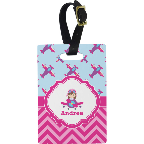 Custom Airplane Theme - for Girls Plastic Luggage Tag - Rectangular w/ Name or Text