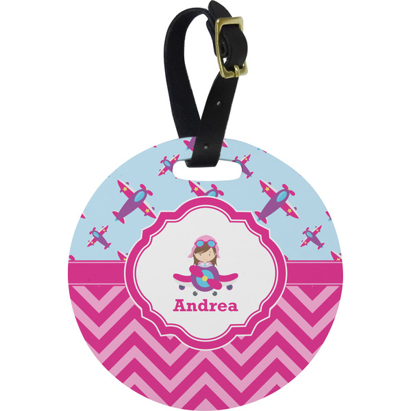 Custom Airplane Theme - for Girls Plastic Luggage Tag - Round (Personalized)