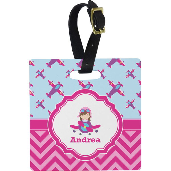 Custom Airplane Theme - for Girls Plastic Luggage Tag - Square w/ Name or Text