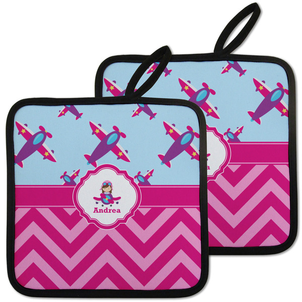 Custom Airplane Theme - for Girls Pot Holders - Set of 2 w/ Name or Text