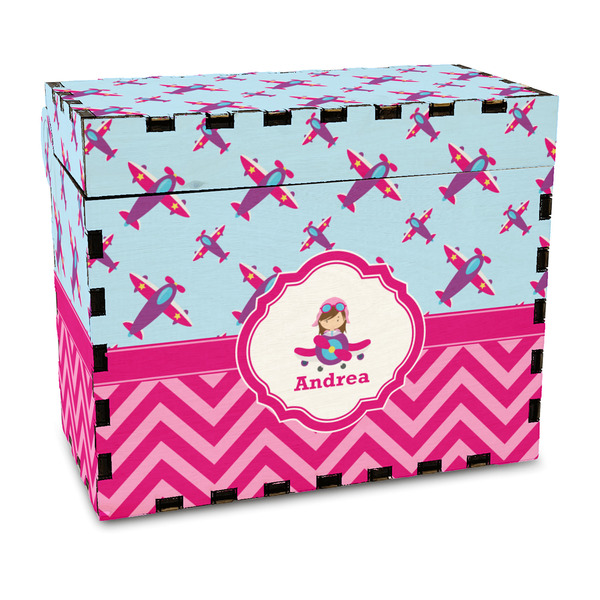Custom Airplane Theme - for Girls Wood Recipe Box - Full Color Print (Personalized)