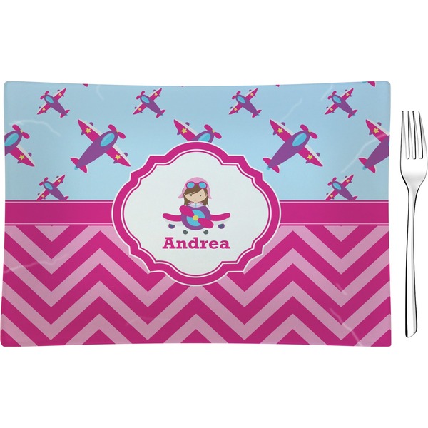 Custom Airplane Theme - for Girls Rectangular Glass Appetizer / Dessert Plate - Single or Set (Personalized)