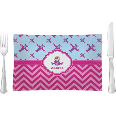 Airplane Theme - for Girls Rectangular Glass Lunch / Dinner Plate - Single or Set (Personalized)