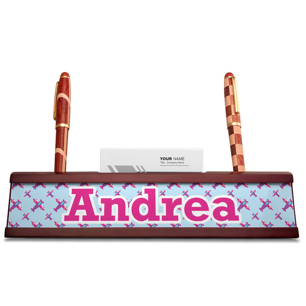 Airplane Theme - for Girls Red Mahogany Nameplates with Business Card Holder - Straight