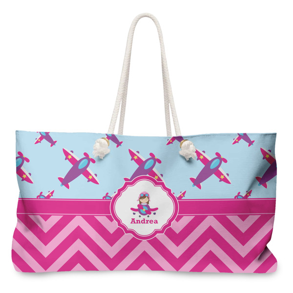Custom Airplane Theme - for Girls Large Tote Bag with Rope Handles (Personalized)