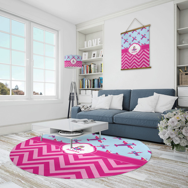 Airplane Theme - for Girls Round Area Rug - IN CONTEXT