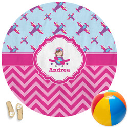Airplane Theme - for Girls Round Beach Towel (Personalized)
