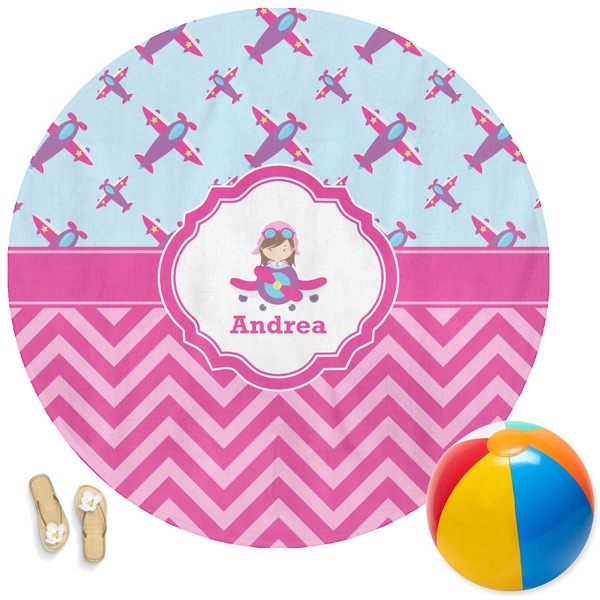 Custom Airplane Theme - for Girls Round Beach Towel (Personalized)