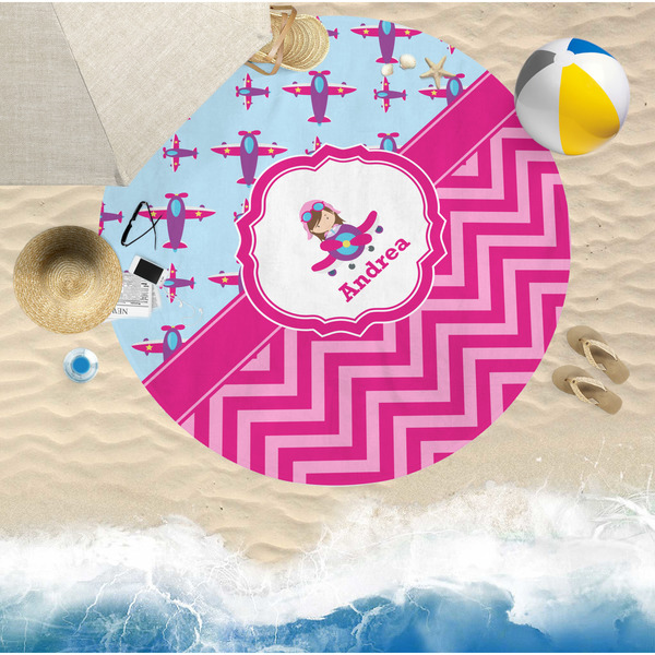 Airplane Theme - for Girls Round Beach Towel Lifestyle