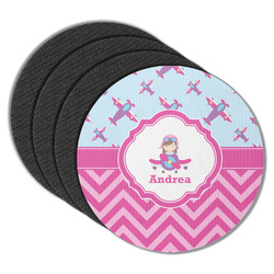 Airplane Theme - for Girls Round Rubber Backed Coasters - Set of 4 (Personalized)