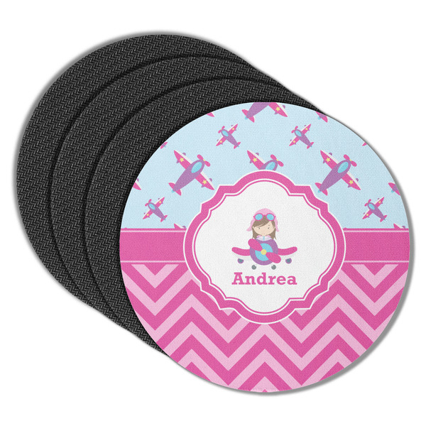Custom Airplane Theme - for Girls Round Rubber Backed Coasters - Set of 4 (Personalized)