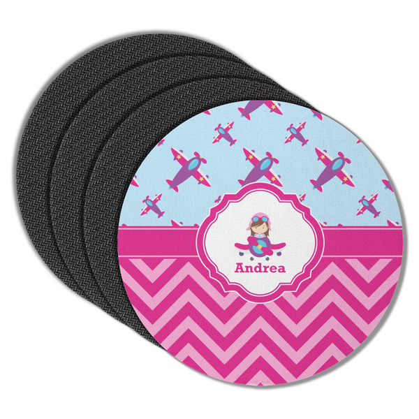 Airplane Theme - for Girls Round Coaster Rubber Back - Main