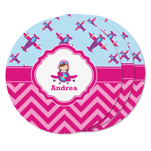 Airplane Theme - for Girls Round Fridge Magnet - THREE