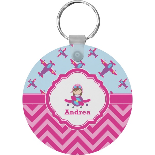 Custom Airplane Theme - for Girls Round Plastic Keychain (Personalized)