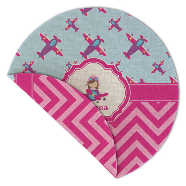Airplane Theme - for Girls Round Linen Placemats - Front (folded corner double sided)