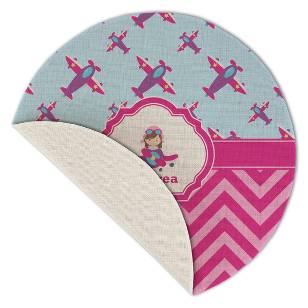 Airplane Theme - for Girls Round Linen Placemats - Front (folded corner single sided)