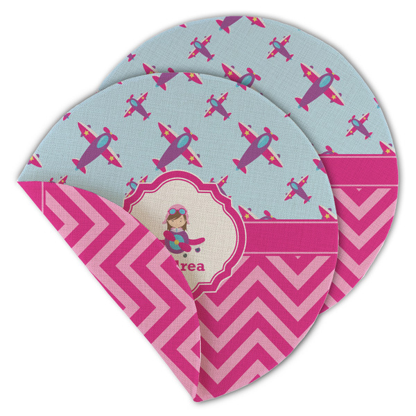 Custom Airplane Theme - for Girls Round Linen Placemat - Double Sided - Set of 4 (Personalized)