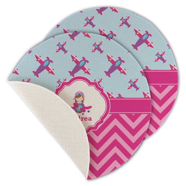 Custom Airplane Theme - for Girls Round Linen Placemat - Single Sided - Set of 4 (Personalized)