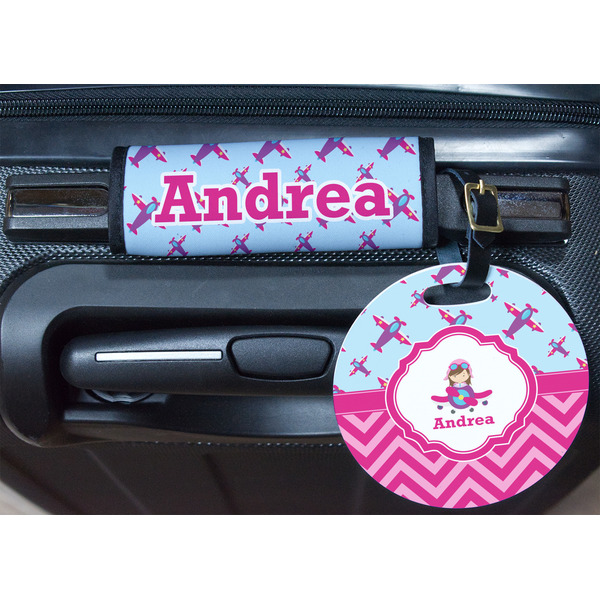 Airplane Theme - for Girls Round Luggage Tag & Handle Wrap - In Context