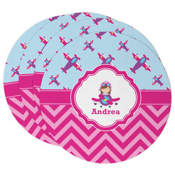 Airplane Theme - for Girls Round Paper Coasters w/ Name or Text