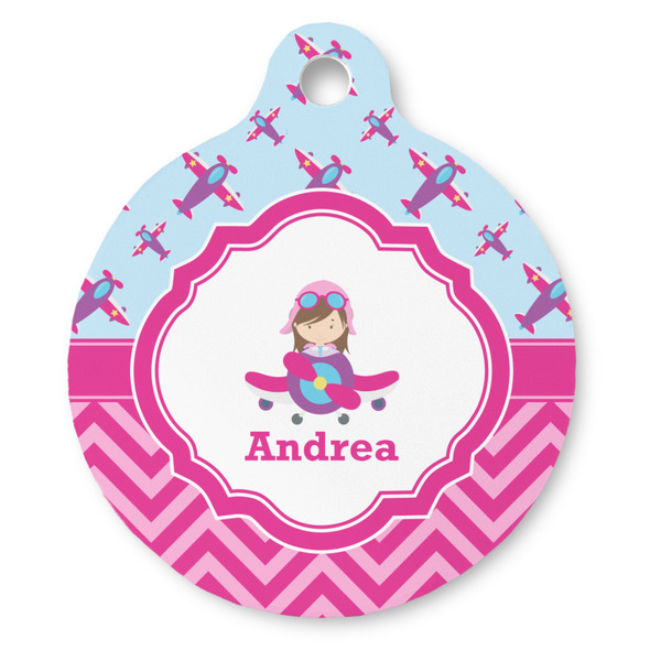 Custom Airplane Theme - for Girls Round Pet ID Tag - Large (Personalized)