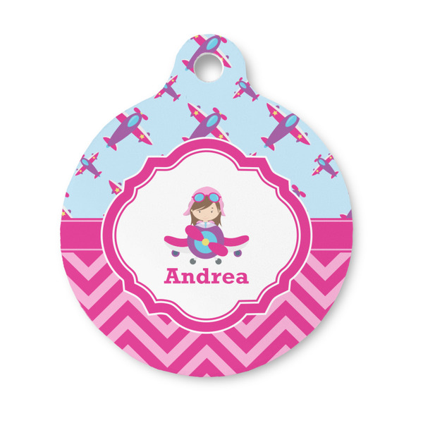 Custom Airplane Theme - for Girls Round Pet ID Tag - Small (Personalized)