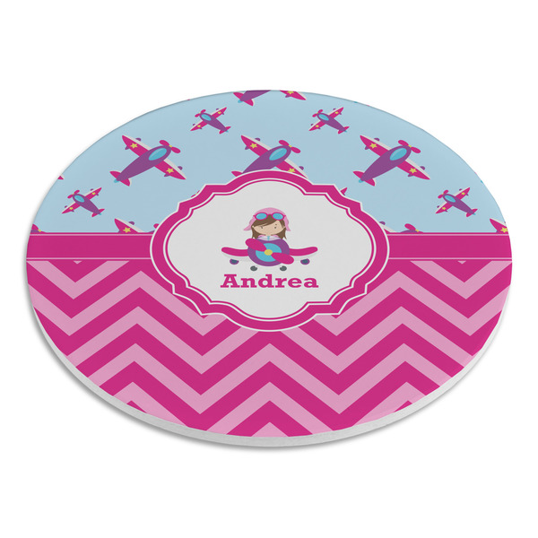 Airplane Theme - for Girls Round Stone Trivet - Angle View