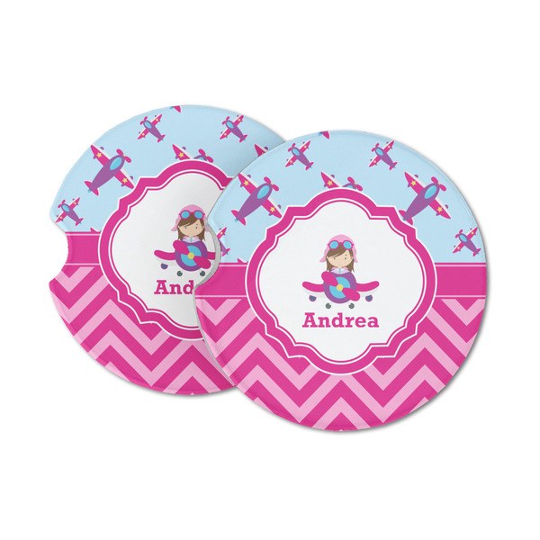 Custom Airplane Theme - for Girls Sandstone Car Coasters - Set of 2 (Personalized)