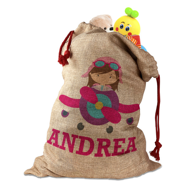 Airplane Theme - for Girls Santa Bag - Front (stuffed w toys) PARENT